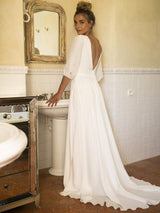 White Wedding Dresses With Train A-line Long 3/4 Length Sleeves Pleated Chic V-Neck Bridal Gowns