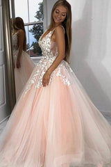 Wide Straps V-Neck Tulle Pink Prom Dress Applique Long
