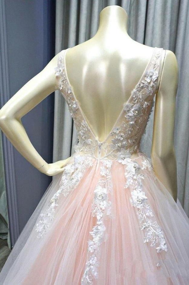 Wide Straps V-Neck Tulle Pink Prom Dress Applique Long