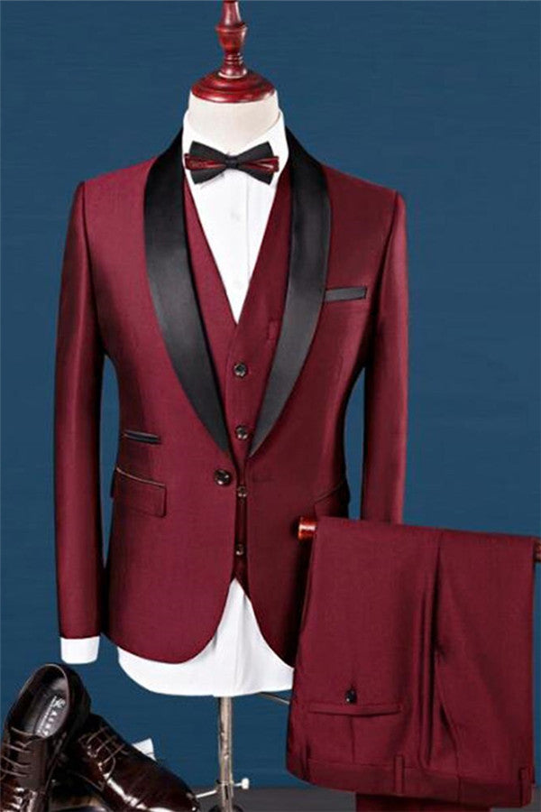 Wine Red Shawl Lapel Wedding Tuxedos Dress Men's Prom Suits 3 Pieces