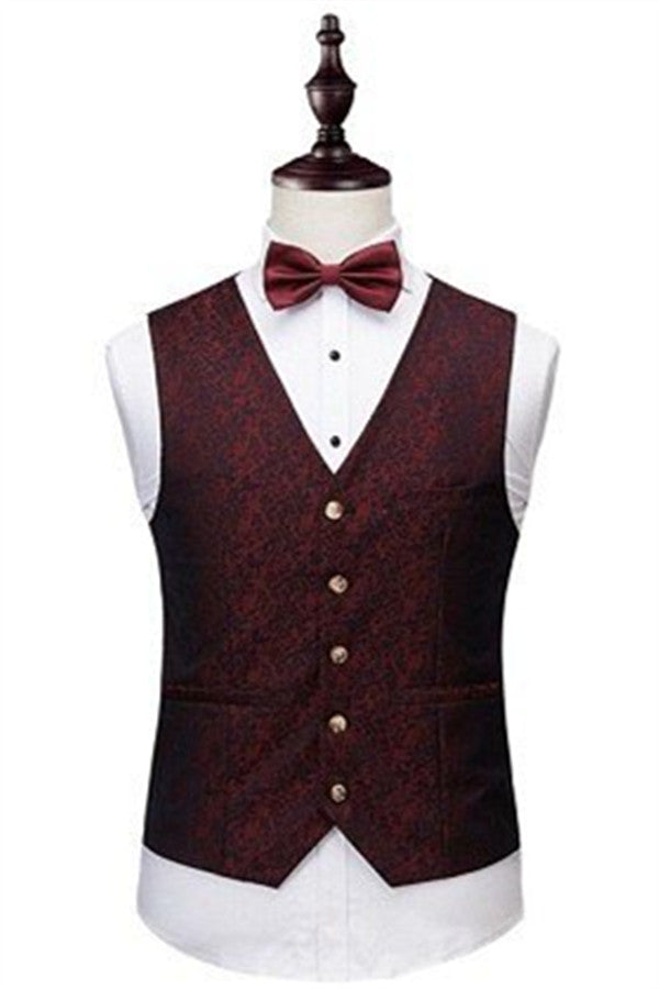 Wine Ruby Notched Laple Prom Suits for Men Bespoke Three Pieces Jacquard Tuxedo