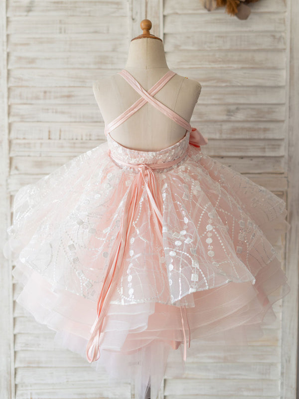 With Sash Pink Sleeveless Backless Short Tulle Kids Party Dresses