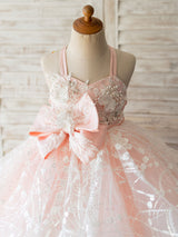 With Sash Pink Sleeveless Backless Short Tulle Kids Party Dresses