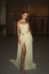 Elegant Daffodil Strapless Chiffon Floor Length Prom Dresses High Slit With Beads