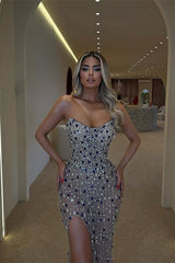 Shining Silver Sweetheart Prom Dresses Floor Length Gem High Slit With Beads