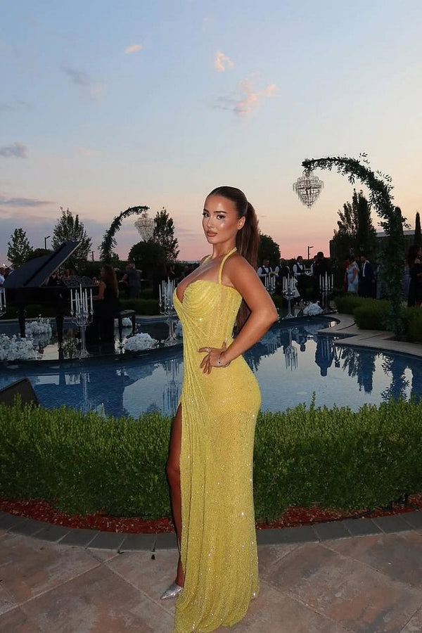 Dazzling Asphodel Yellow Sweetheart Halter Prom Dresses Sequins Sleeveless With Side Slit