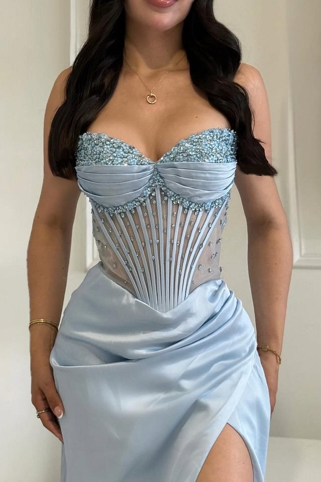 Romantic Blue Sweetheart Satin Prom Dresses Column With High Slit Beads