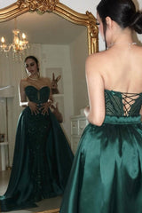 Luxury Dark Green Sweetheart Mermaid Prom Dresses Sequins Lace-Up Back With Overskirt