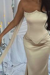 Luxury Strapless Mermaid Prom Dresses Satin Floor Length Sleeveless With Beads Ribbon
