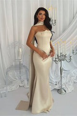 Luxury Strapless Mermaid Prom Dresses Satin Floor Length Sleeveless With Beads Ribbon