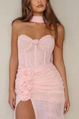 Beautiful Pink Sweetheart Chiffon Prom Dresses Long High Slit With Flower Pleats