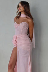 Beautiful Pink Sweetheart Chiffon Prom Dresses Long High Slit With Flower Pleats