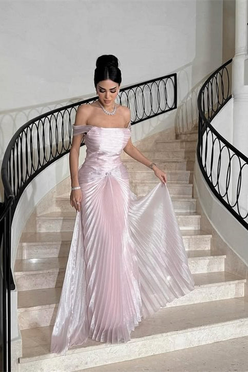 Glamorous Pink Off-The-Shoulder Prom Dress Sleeveless Sheath With Overskirt Pleats
