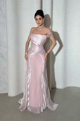 Glamorous Pink Off-The-Shoulder Prom Dress Sleeveless Sheath With Overskirt Pleats