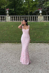 Elegant Heavenly Pink Square Straps Mermaid Prom Dresses Sleeveless With Flower Beads