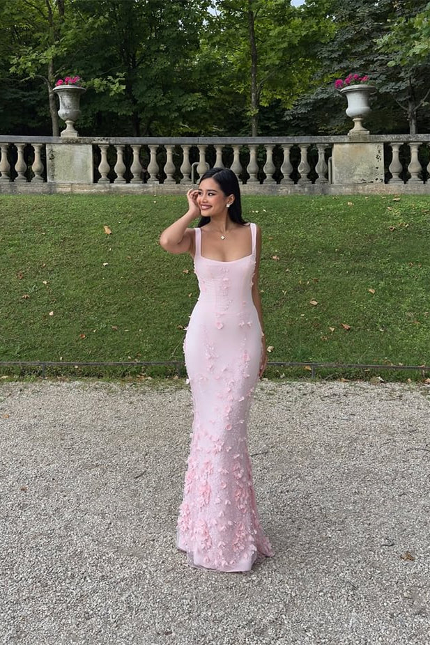 Elegant Heavenly Pink Square Straps Mermaid Prom Dresses Sleeveless With Flower Beads