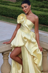 Charming Daffodil Strapless Satin Prom Dresses Sleeveless Hi-Lo With Pleats