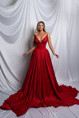 Beautiful Red V-Neck Strapless Satin Prom Dresses Sleeveless A-Line With Pearls Pleats