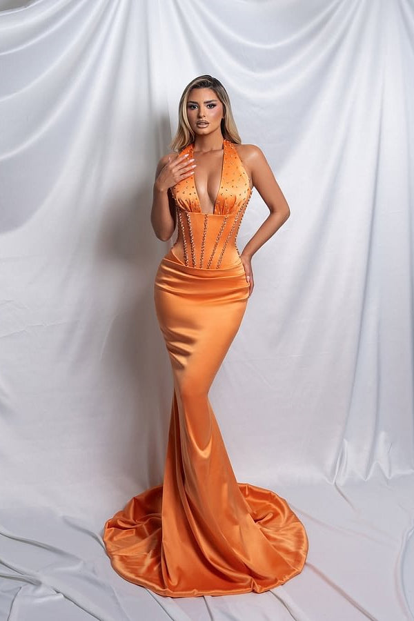 Chic Orange Halter Mermaid Satin Sleeveless Prom Dresses V-Neck Floor Length With Beads