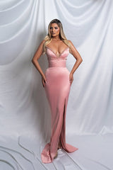 Trendy Dusty Rose V-Neck Mermaid Satin Prom Dress Sheath Sleeveless Side Slit With Beads