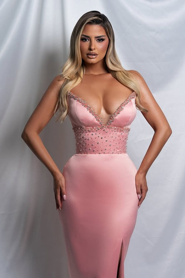 Trendy Dusty Rose V-Neck Mermaid Satin Prom Dress Sheath Sleeveless Side Slit With Beads