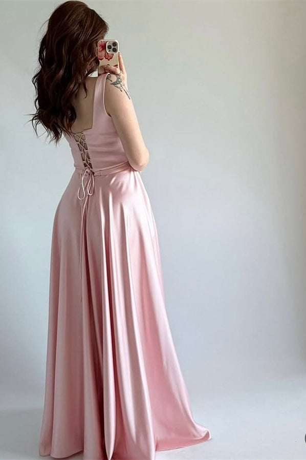 Chic Pink Square Straps Sleeveless Prom Dresses Satin Lace-UP Back With Pleats