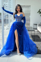 Gorgeous Royal Blue Sweetheart Strapless Prom Dresses Mermaid High Slit Sleeves With Pearls