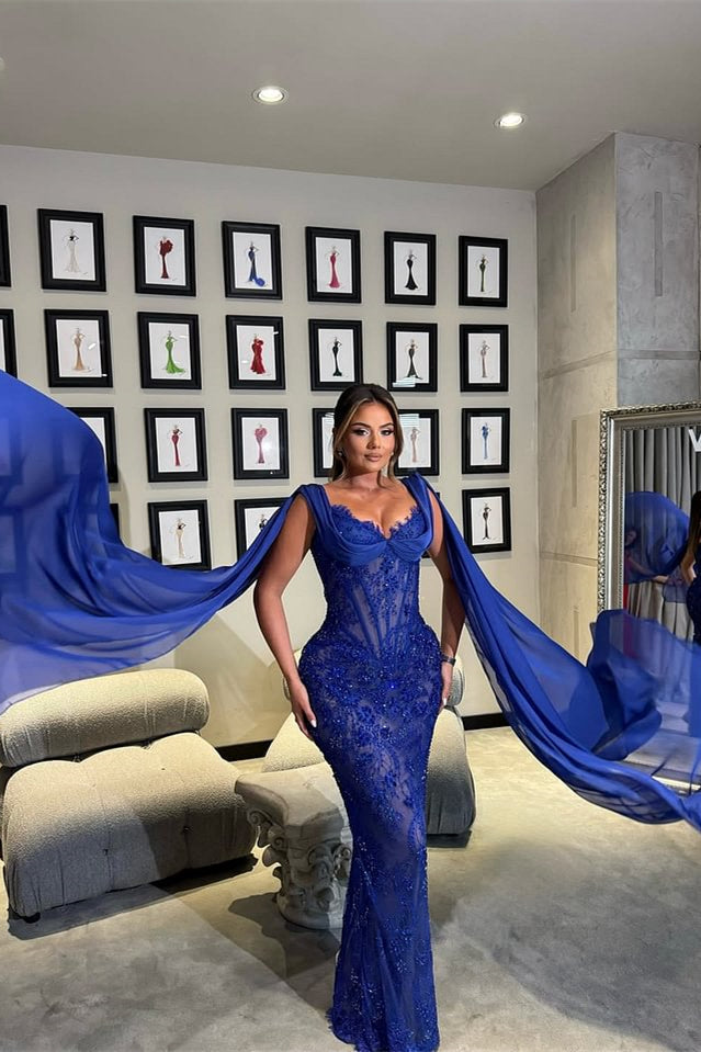 Luxury Royal Blue V-neck Lace Mermaid Prom Dresses Sleeveless Sheath Ribbons With Beads