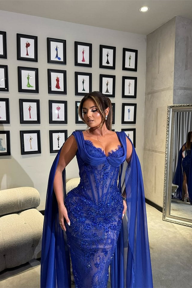 Luxury Royal Blue V-neck Lace Mermaid Prom Dresses Sleeveless Sheath Ribbons With Beads