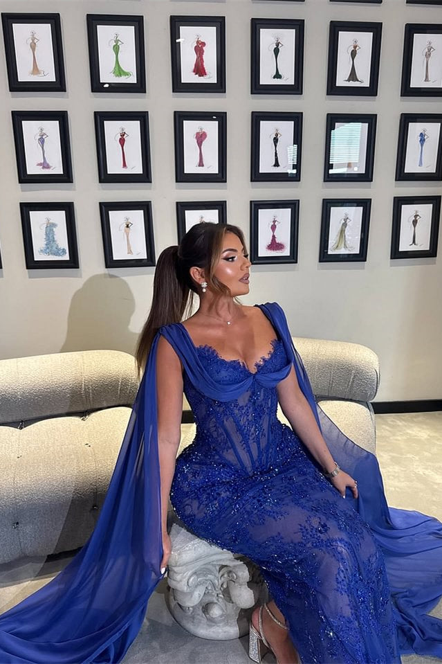 Luxury Royal Blue V-neck Lace Mermaid Prom Dresses Sleeveless Sheath Ribbons With Beads