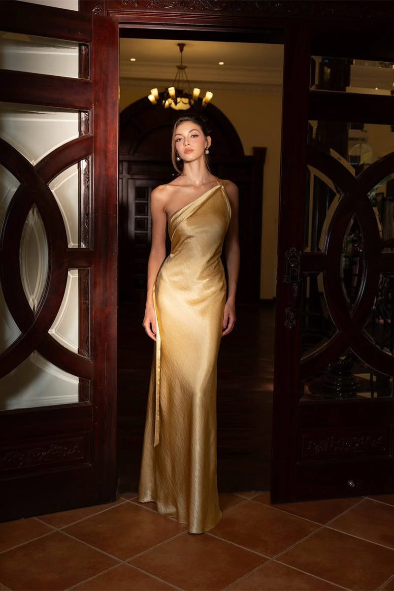 Chic Champagne Asymmetrical One Shoulder Satin Prom Dresses Backless Sleeveless With Flower