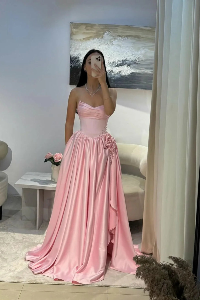 Gorgeous Baby Pink Sweetheart Satin Prom Dresses Sleeveless High Slit Gem With Pleats