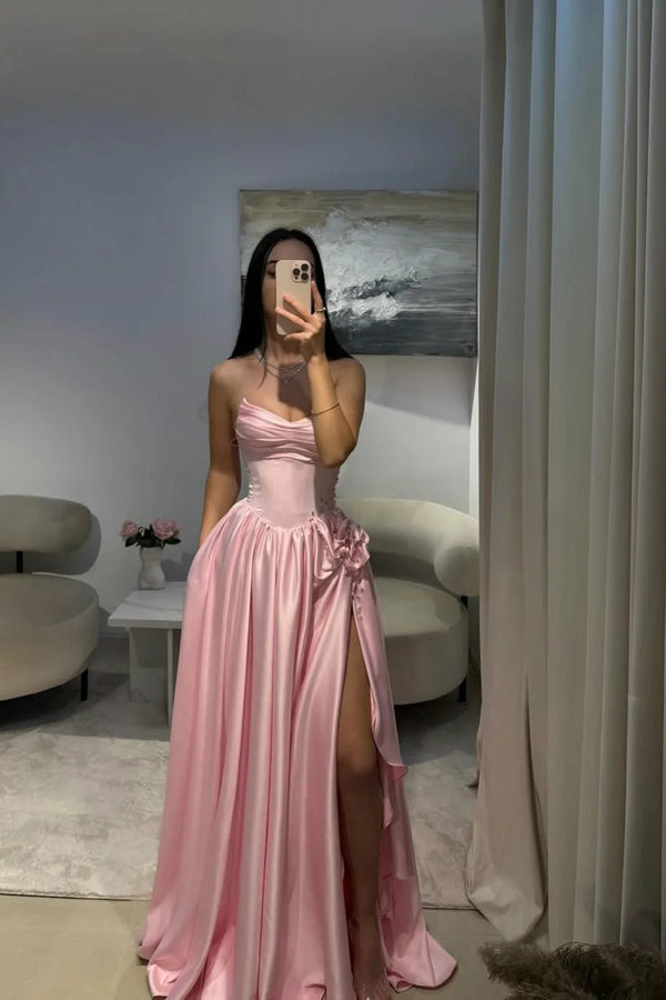 Gorgeous Baby Pink Sweetheart Satin Prom Dresses Sleeveless High Slit Gem With Pleats