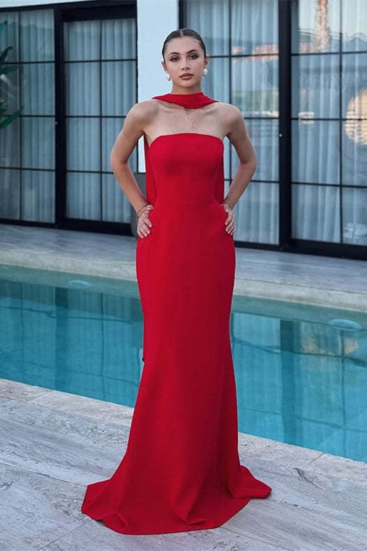 Charming Red Strapless Satin Mermaid Prom Dresses Floor Length Sleeveless On Sale