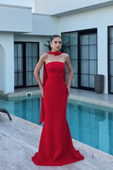 Charming Red Strapless Satin Mermaid Prom Dresses Floor Length Sleeveless On Sale
