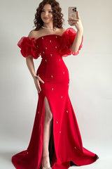 Elegant Red Strapless Mermaid Prom Dresses Bubbles Sleeves High Slit Sheath With Pearls