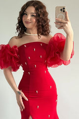Elegant Red Strapless Mermaid Prom Dresses Bubbles Sleeves High Slit Sheath With Pearls