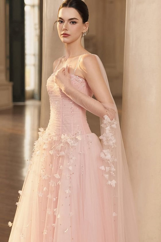 Gorgeous Pink Spaghetti-Straps Tulle Prom Dresses A-Line Ribbon Sleeveless With Beads Flower