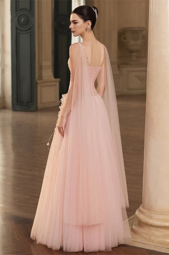 Gorgeous Pink Spaghetti-Straps Tulle Prom Dresses A-Line Ribbon Sleeveless With Beads Flower