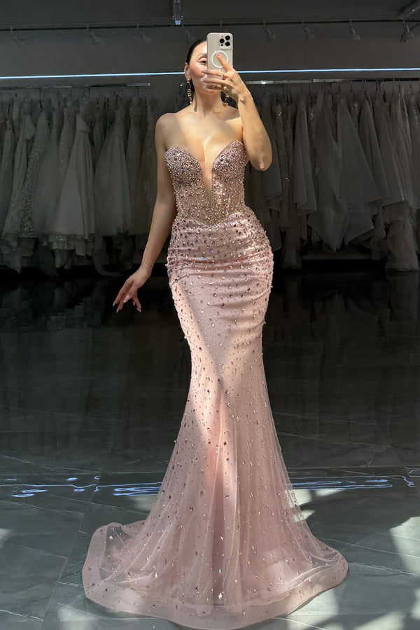 Beautiful Sweetheart Sleeveless Mermaid Prom Dresses Lace-Up Back Strapless Gem With Beads