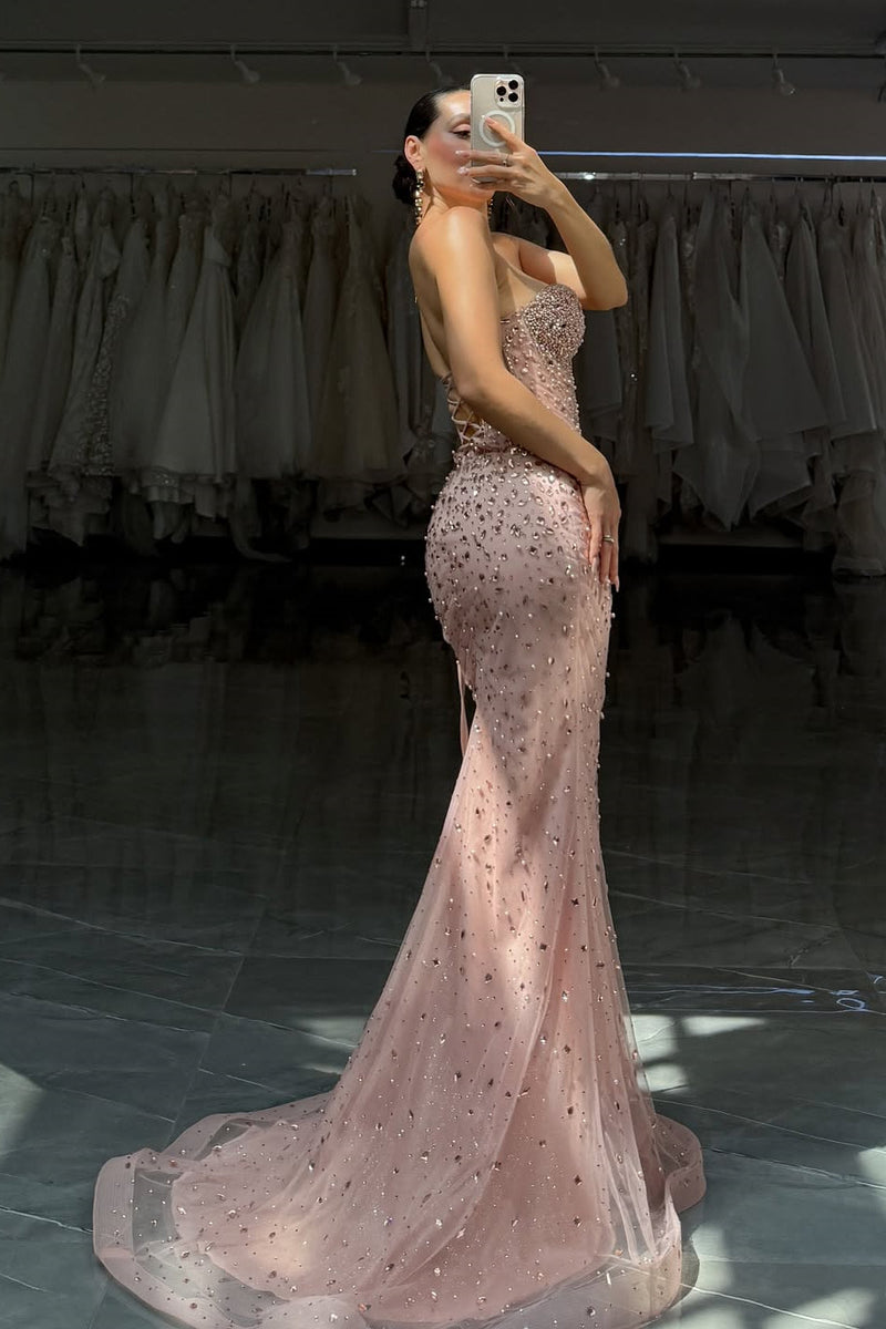Beautiful Sweetheart Sleeveless Mermaid Prom Dresses Lace-Up Back Strapless Gem With Beads