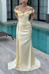Luxury Daffodil Off-The-Shoulder Satin Mermaid Prom Dresses Lace-Up Back Sleeveless With Flower Ruffle