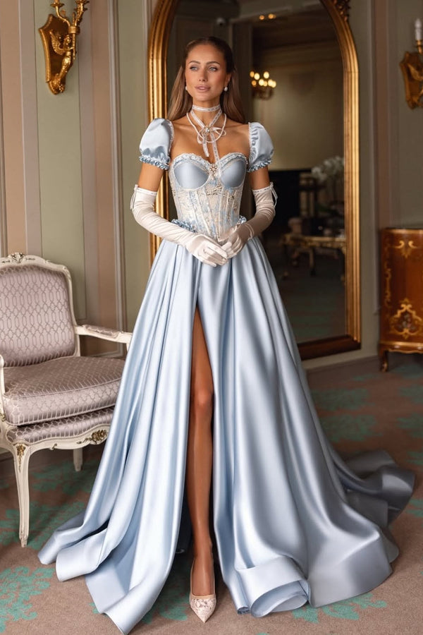 Elegant Sky Blue Sweetheart Satin A-Line Prom Dresses Bubbles Sleeves High Slit With Pleats Beads