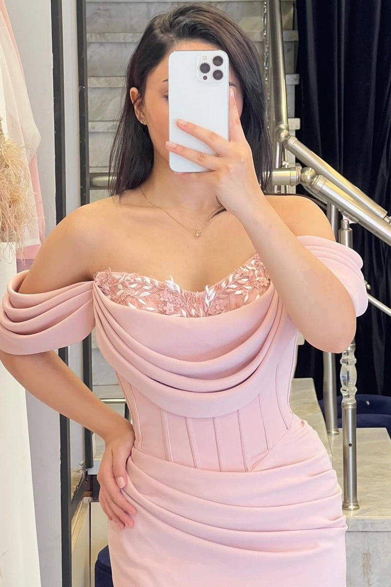 Pretty Pink Mermaid Off-The-Shoulder Satin Prom Dresses Sweetheart Sleeveless With Beads Pleats