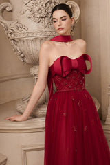 Popular Burgundy Strapless Tulle A-Line Prom Dresses Sleeveless Gem With Bow Knot Beadings