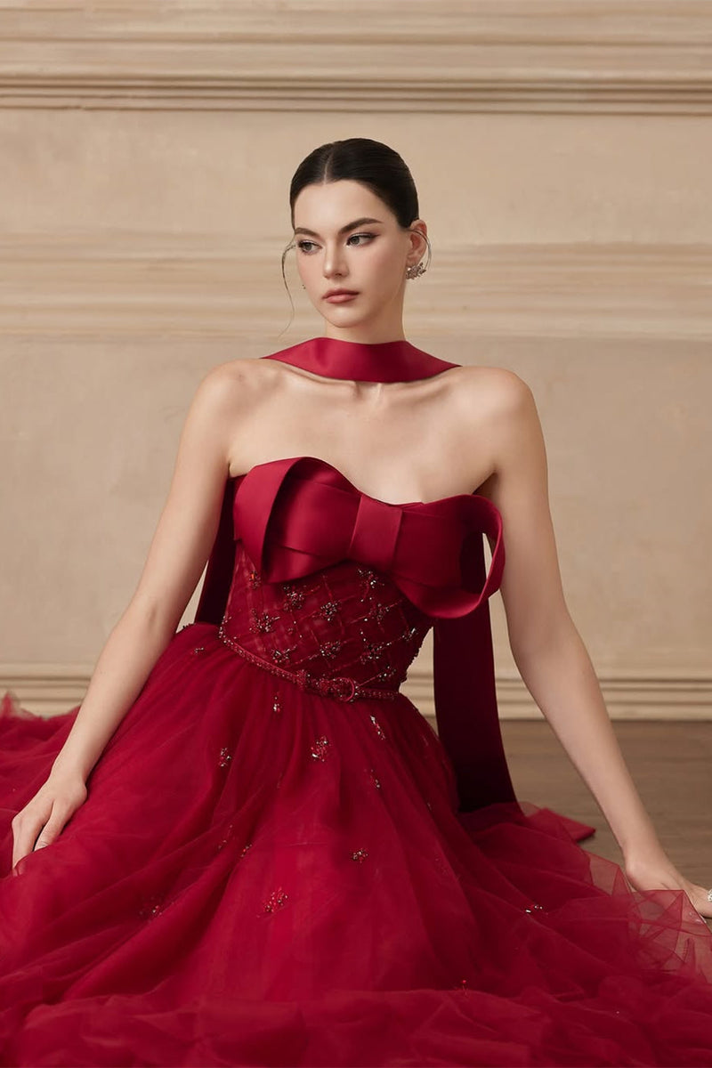 Popular Burgundy Strapless Tulle A-Line Prom Dresses Sleeveless Gem With Bow Knot Beadings