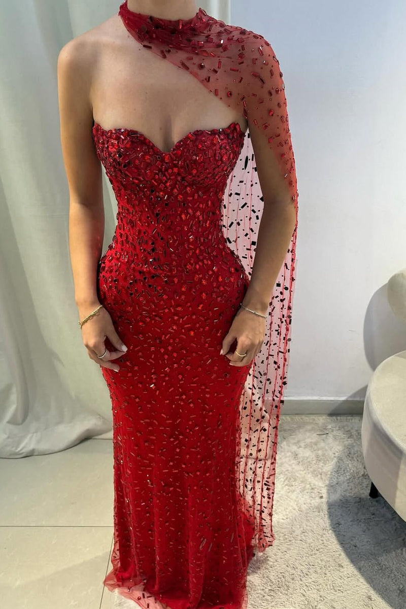 Gorgeous Red Sweetheart Mermaid Prom Dresses Sleeveless Strapless With Gem