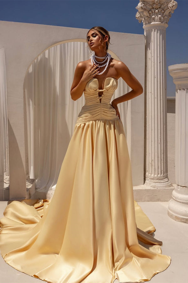 Beautiful Strapless Satin Prom Dresses A-Line Sleeveless Lace-Up-Back With Bow Knot Pleats