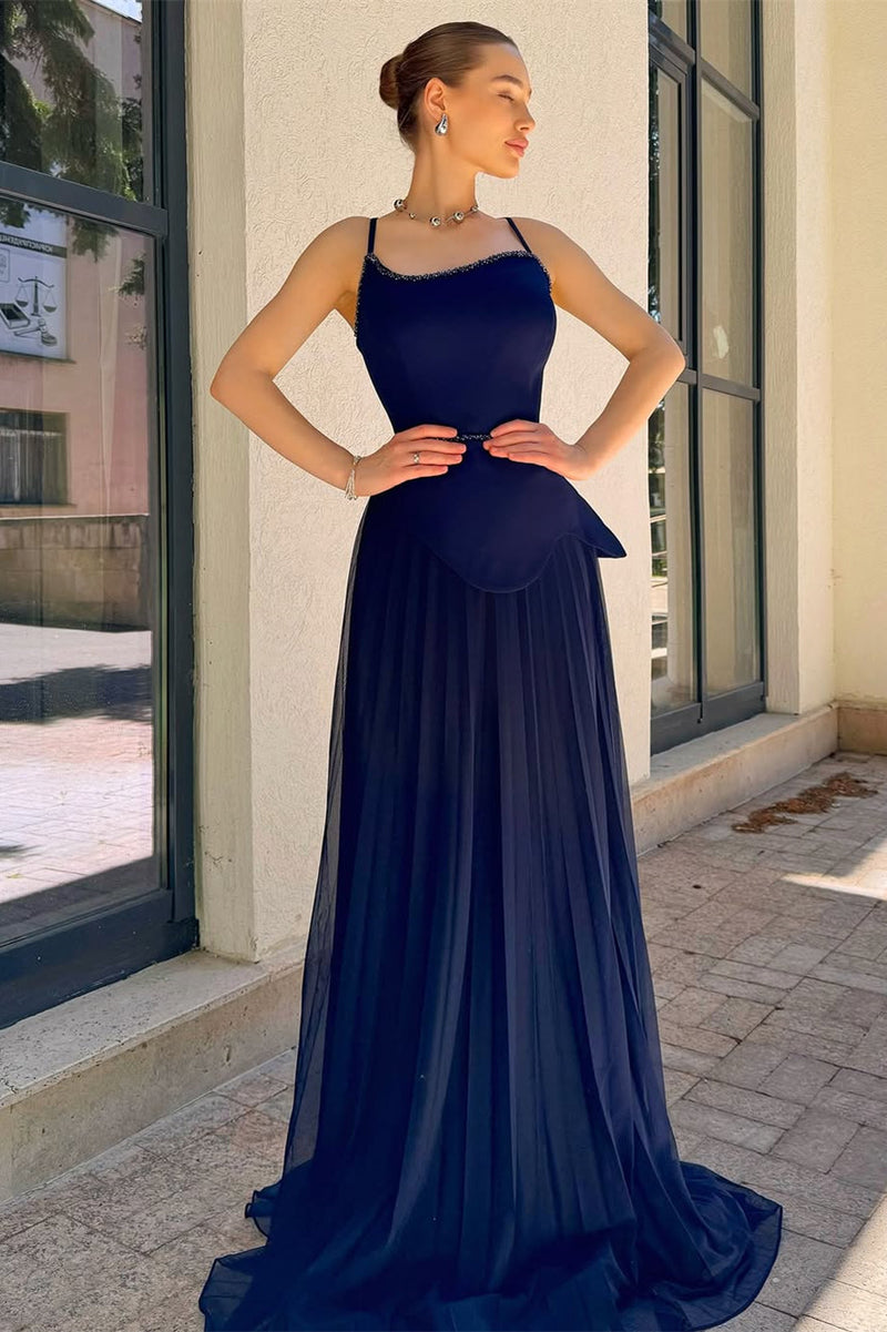 Chic Navy Blue Spaghetti-Strap Prom Dresses Sleeveless Floor Length Pleats With Pearls