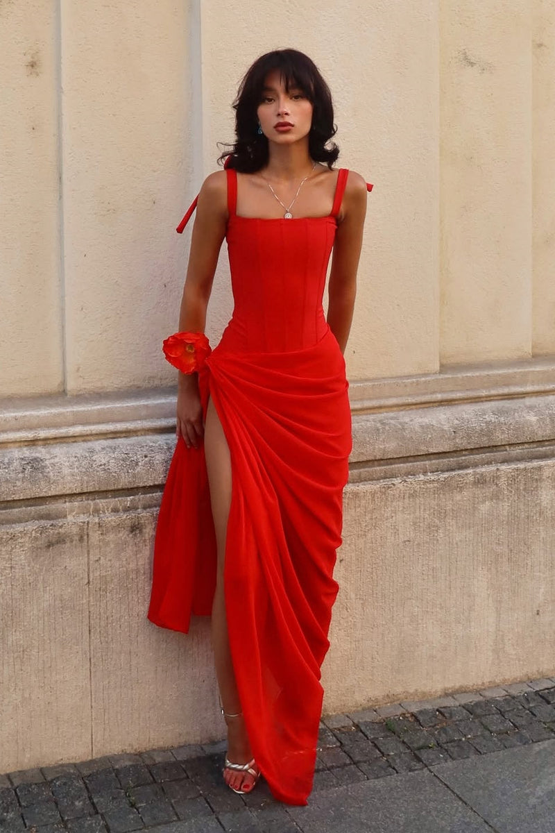 Elegant Red Square Straps Chiffon Prom Dresses Sleeveless Pleats With High Slit
